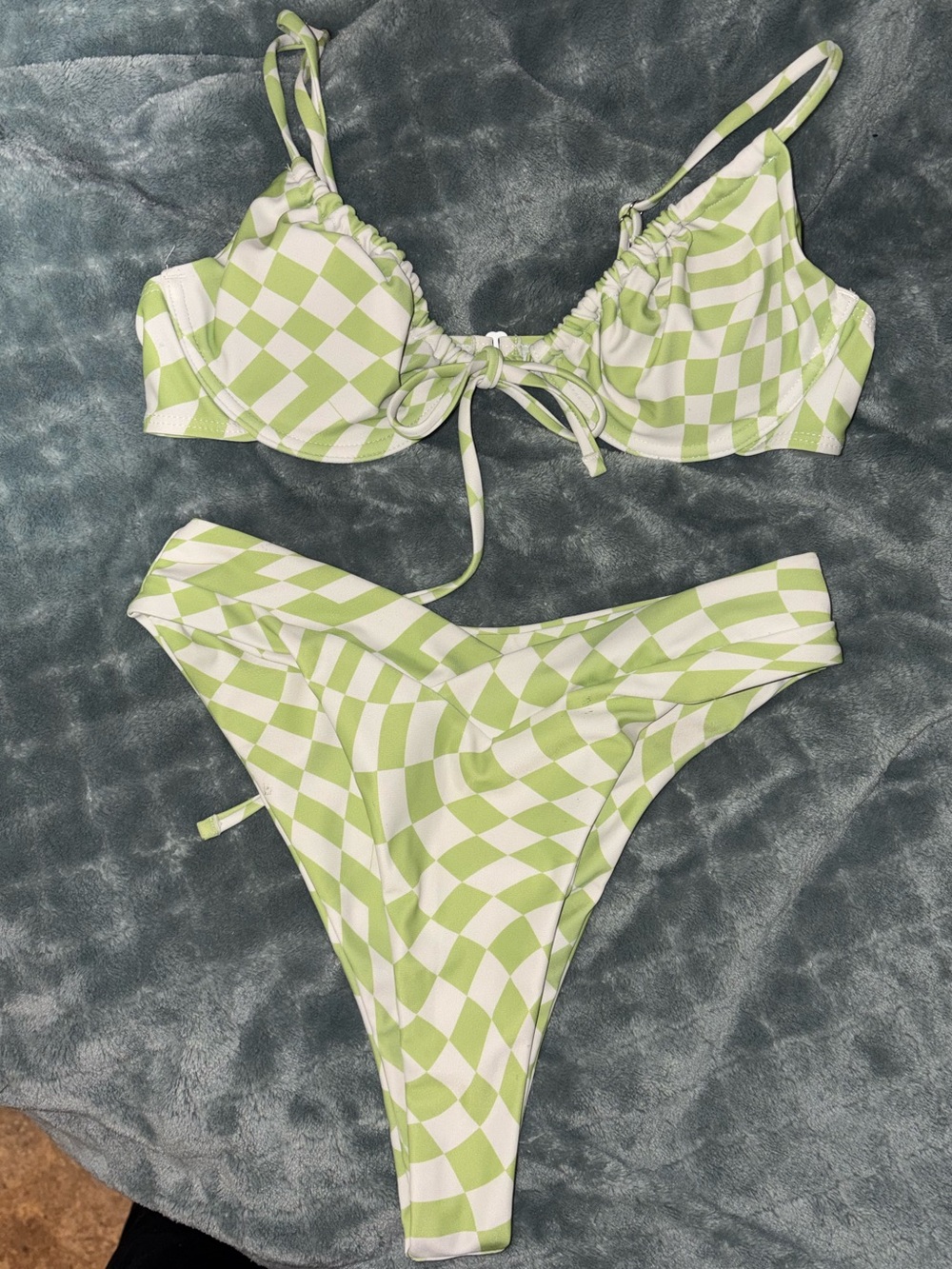 Aurielle Light Green Checker Tie-Front Bikini Set